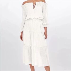 Nwt generation love leoni jacquard dress white size small off the‎ shoulder maxi